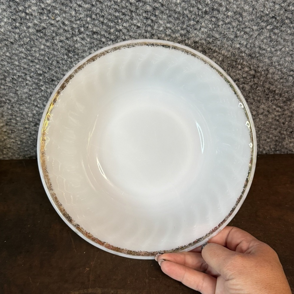 Vintage Fire King White Swirl Milk Glass Serving Mixing Bowl Gold Rim 8 1/2"